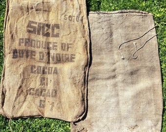 Vintage Cocoa Burlap Sack, Ivory Coast Jute Bag, Rustic Hessian Wall Art