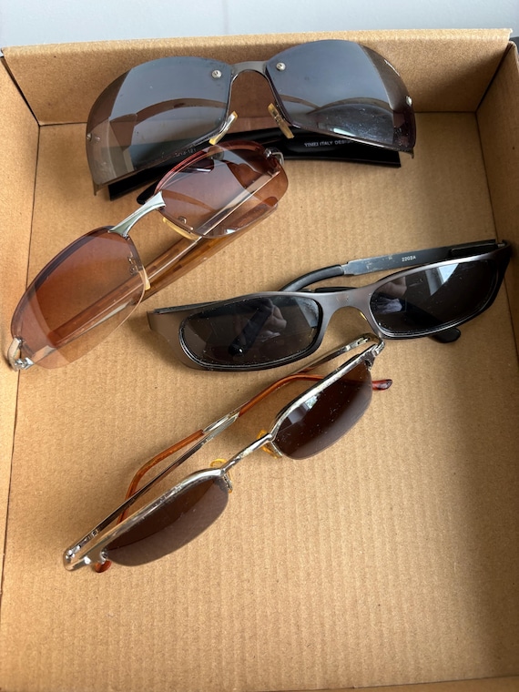 Vintage Y2K Sunglasses, 90s Cyber Metal Rectangle Shades, Rimless Brown Lens Wraparound Eyewear