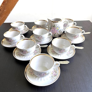 Vintage Riga Porcelain Tea Set Aija Flower Rose USSR Gilded Fine China, Soviet Retro Tea Cups Saucers Creamer, Antique Latvian Tableware