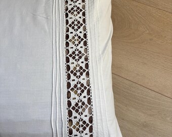 Vintage White Cotton Pillowcase, Handmade Bobbin Lace, Pin-Tuck Pleats, Button Closure, Cottagecore Bedding