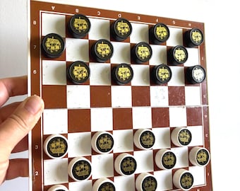Vintage Magnetic Checkers Set: Travel Draughts Game with Gold Ship Pieces (21x21cm)