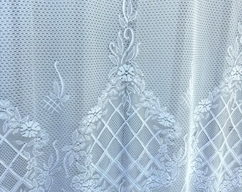 Vintage White Jacquard Lace Curtain Panel, Floral Basket Medallion Border, Cottagecore Window Decor