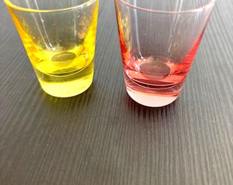 Vintage Yellow Pink Shot Glasses Set, MCM Mid Century Barware, Retro Liqueur Cordial Glassware