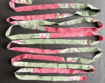 Handmade Christmas Fabric Strips, Red Green Floral Cotton Ribbon, Rustic Holiday Crafting Garland