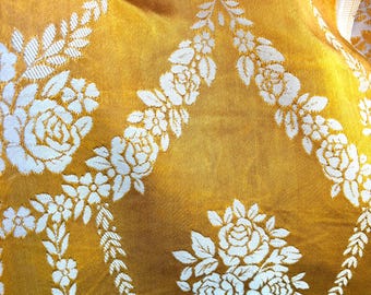 Vintage 1970s Reversible Jacquard Curtain, Mustard Gold Baroque Floral Drape