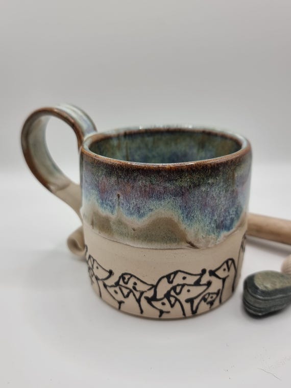 Hand Made Ceramic Mug with Hand Painted Dog "Walkies" Decoration