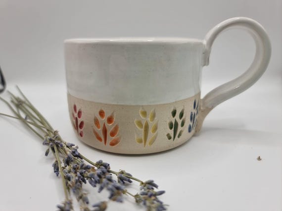 Hand Carved Ceramic Mug, Rainbow Leaf Decoration, Large Stoneware Pottery