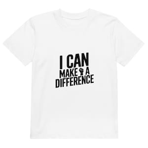 Koszulka z cytatem dla dzieci „Mogę zrobić różnicę” | Biały/Czarny/Niebieski | Slogan pozytywnej afirmacji | Dziewczynka Chłopiec Unisex | Odzież dziecięca