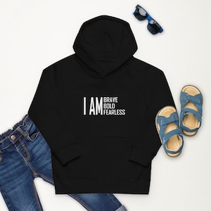 Jestem odważny, odważny, bez lęku, czarny/niebieski, dziecięca bluza z kapturem z cytatem | Pozytywne hasło afirmacyjne | Dziewczynka, chłopiec, unisex | Motywująca odzież dla dzieci