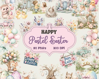 Pastell Ostern Clipart: Osterhase Kücken Eier PNGs (digitaler Download)
