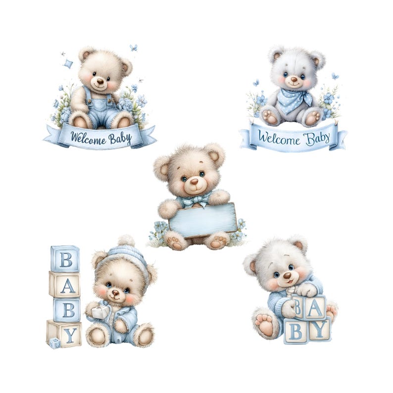 Baby Boy Clipart Watercolor, Blue Teddy Bear PNG Set, Baby Shower ...
