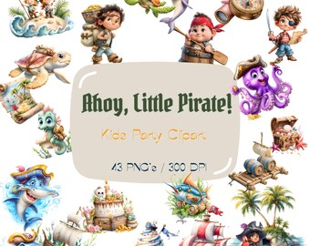 Pirate Clipart Bundle, 43 Watercolor Baby Pirate PNG, Sea Animals Treasure Graphics, Nautical Birthday Baby Shower Nursery