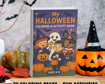 May include: A Halloween-themed coloring and activity book with a cover illustration of children in costumes, pumpkins, and a ghost. The book is titled "My Halloween Coloring & Activity Book" and is for ages 4-8. The book includes 34 coloring pages and fun activities.