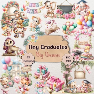 Tiny Graduates - Abschlussfeier Clipart Set, Aquarell Tiere, Diplom, Mütze, Szenen & Party Elemente, Kindergarten