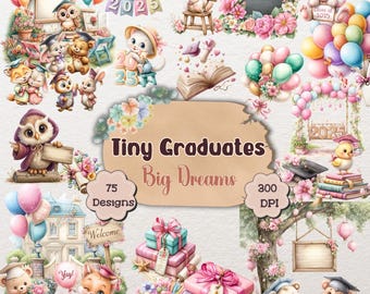 Tiny Graduates – Preschool Graduation Clipart Set, Watercolor Animals, Diploma, Cap, Scenes & Party Elements, Kindergarten