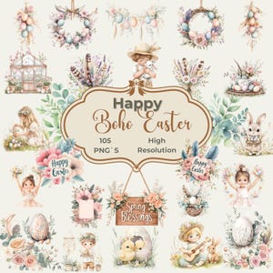 Boho Pasen-clipart – bloemeneieren, zachte konijntjes, wilde bloemen, lieve speelse kinderen, lammeren, kuikens, aquarel tuinelementen