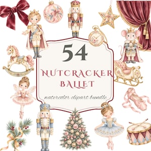 May include: A collection of watercolour illustrations featuring a nutcracker, a prince, a mouse, a ballerina, a rocking horse, a Christmas tree, a drum, ballet slippers, a pocket watch, a star ornament, a bow, and curtains with the text 54 NUTCRACKER BALLET.