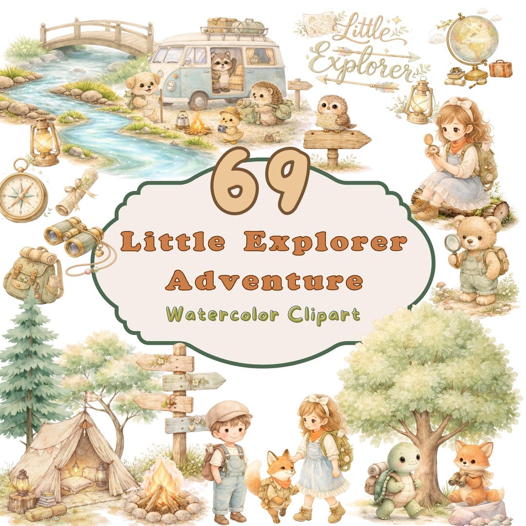 Little Explorer Clipart – Watercolor Forest Animals, Camping Adventure ...