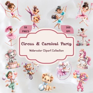 Circus & Carnival Clipart for Girls – Cute Pastel Ballerinas, Magicians, Clowns, Treats, Animals, Tents, and Cotton Candy Illustrations