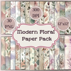 Könnte beinhalten: Ein digitales Papierpaket mit 30 floralen Designs in sanften Rosa-, Grün- und Grautönen. Die Designs zeigen Aquarell-Blumen, Blätter und geometrische Muster. Das Paket hat 300 DPI und jedes Design ist 12 Zoll mal 12 Zoll groß.