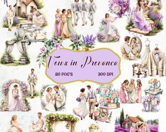 Lavender Wedding Clipart Watercolor, Provence Bridal PNG Bundle, Rustic Wedding Invitation, 80 PNG Floral Set