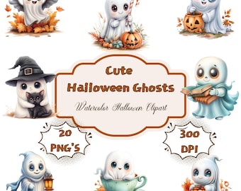 Halloween Ghost Clipart – Kawaii Watercolor PNG Set (Digital Download)