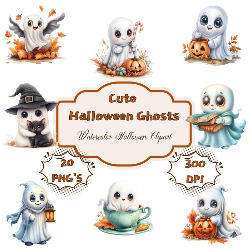 Cute Halloween Ghost Clipart – Kawaii Ghosts With Pumpkins, Lanterns ...