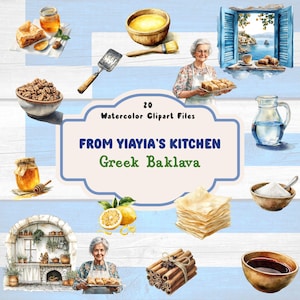 Greek Baklava Clipart Set: Watercolor Mediterranean Dessert Illustrations