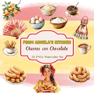 Churros con Chocolate Clipart: Spanische Dessert Aquarell Illustrationen (25 PNG Dateien)