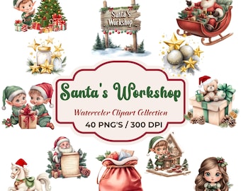 May include: Watercolor clipart collection featuring Santa's Workshop theme. Includes illustrations of Santa Claus, elves, Christmas tree, gifts, a wooden sign, and a rocking horse. The collection also includes a teddy bear, ornaments, and a sack of presents.