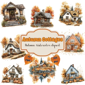 Autumn Cottages Clipart – Cozy Fall Houses, Pumpkin Porch, Rustic Home Illustrations