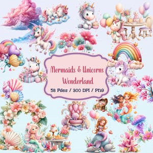 Meerjungfrau und Einhorn Clipart, magische Fantasy Party Grafiken, fröhliche Sirene Alicorn Babyparty digitale Illustrationen, Seejungfrau, Pferd