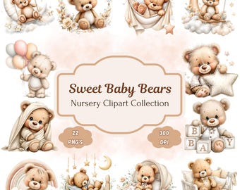Clipart de Ursinho Bebê em Aquarela, Decoração Boho para Quarto de Bebê em PNG, Ursinho de Pelúcia para Sublimação, Clipart para Chá de Bebê, Rosa Blush