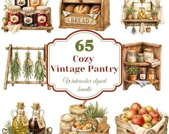 Vintage Pantry Watercolor Clipart Bundle, 65 PNG Farmhouse Kitchen, Cottagecore Food Illustration, Rustic Kitchen Decor, Digital Download