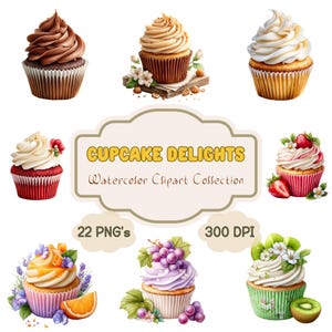 Realistische Aquarell Cupcake Clipart - Schokolade, Vanille, Obst & Florale Desserts für Einladungen, Menüs und Print-Projekte