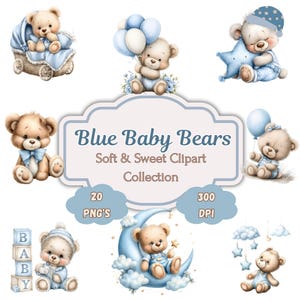 Baby Boy Teddy Bear Clipart: Blue Watercolor Nursery PNG Bundle (Digital Download)