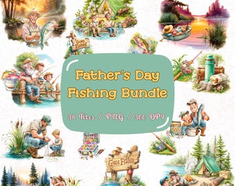 Father's Day Fishing Clipart Bundle | 38 Watercolor PNG, Transparent, Fishing Dad Gift, Scrapbook, Sublimation, Commercial Use