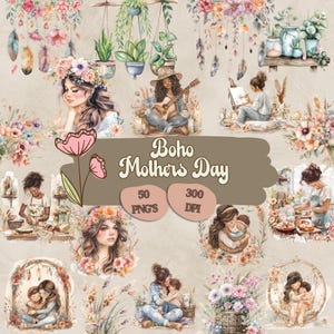 Clipart Boho para o Dia das Mães, Gráficos Terrosos de Celebração Materna, Decoração Matriarcal Neutra e Quente, Arte Natural de Observância Parental