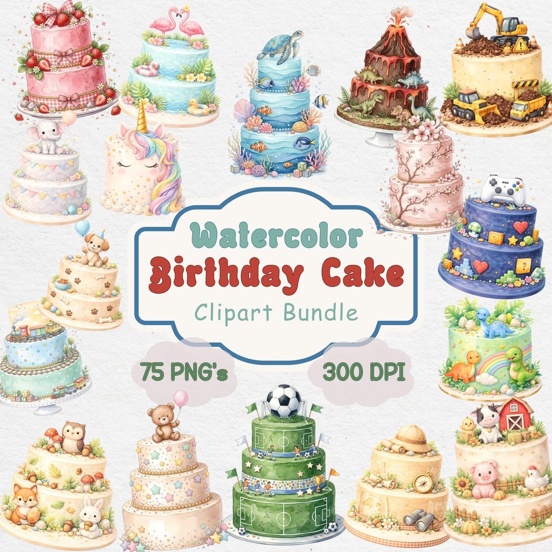 Watercolor Birthday Cake Clipart Bundle, Kids Party Graphics, Themed ...