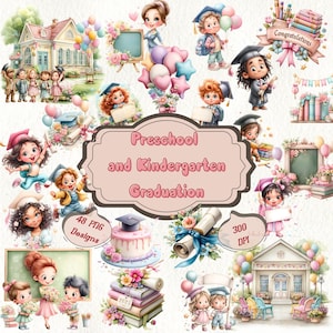 Graduierung Clipart 2025, Vorschul und Kindergarten Abschluss PNG, Niedliche Graduate Kids, Schul Dekor, Ballons, Bücher, Diplom