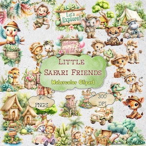 Kleine Safari Freunde - Aquarell Baby Dschungeltiere, wunderliche Baby Dschungeltiere Clipart Bundle, Kinderzimmer Deko, Baby Party