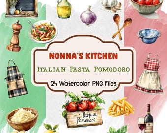 Watercolor Pasta Clipart: Italian Pomodoro Ingredients, Kitchen Art (PNG Files)
