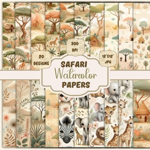 May include: A collection of 20 Safari Watercolor Papers in a variety of designs. The papers feature illustrations of giraffes, elephants, lions, zebras, and other safari animals. The papers are 12"x12" JPG files at 300 DPI.