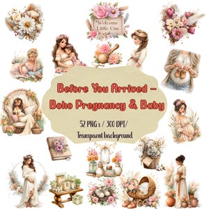 Conjunto de clipart de gravidez boho, ilustrações de maternidade em aquarela, arte estética para futuras mamães, elementos de design para chá de bebê, gestação