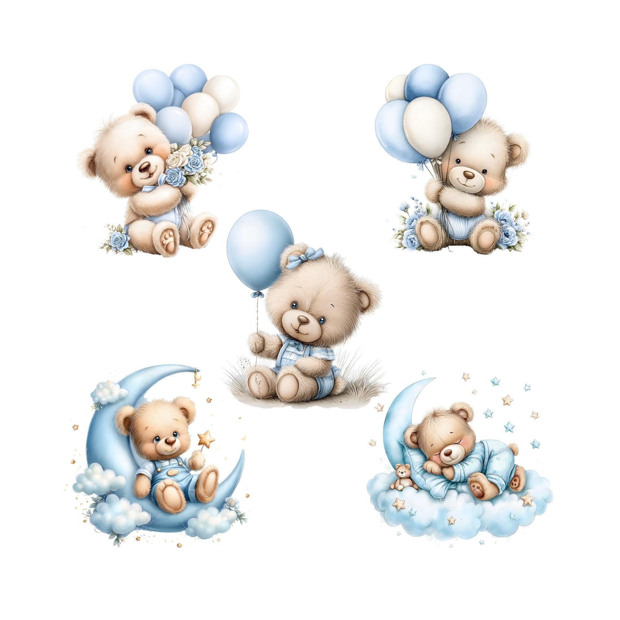 Baby Boy Clipart Watercolor, Blue Teddy Bear PNG Set, Baby Shower ...