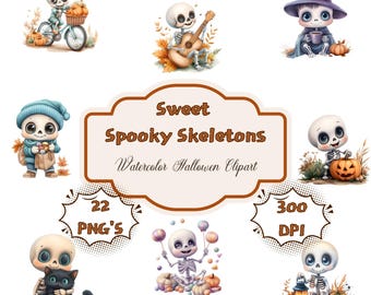 Watercolor Halloween Clipart: Kawaii Skeletons, Pumpkins, Cats (PNG Set Digital Download