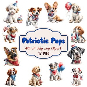 Patriottische puppy-clipart voor 4 juli – schattige honden met Amerikaanse vlaggen, ballonnen, cupcakes en vuurwerk in aquarelstijl