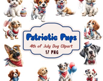 Patriotische Welpen-Cliparts, Aquarell-Hund zum 4. Juli (PNG), Welpengrafiken mit amerikanischer Flagge, Haustierkunst zum Unabhängigkeitstag, Rot, Weiß, Blau