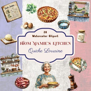 Quiche Lorraine aquarel clipart: Frans recept illustratie (PNG-bestanden)