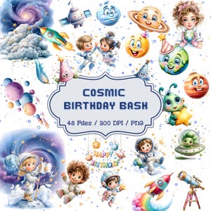 Kosmische verjaardagsclipart, ruimtethema verjaardagsfeestje decoraties, Rocket Ship Celebration Artwork, Cosmos Bash-uitnodigingen voor kinderen, Galaxy